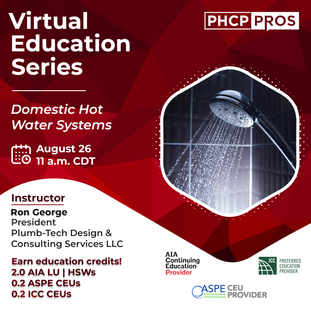 Registration Open for Virtual PHCPPros CEU Course on Domestic Hot Water Systems