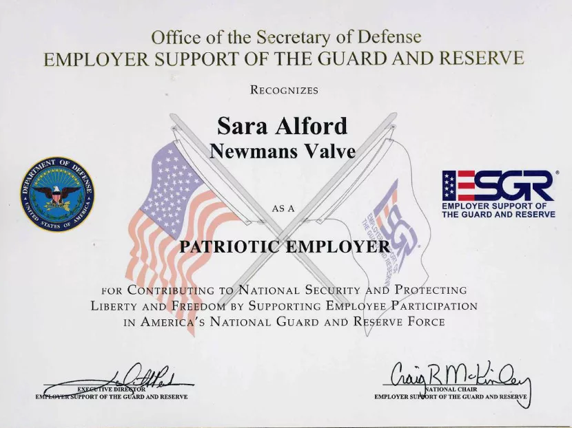 Newmans Valve Employee Sara Alford Receives Patriotic Employer Award 3